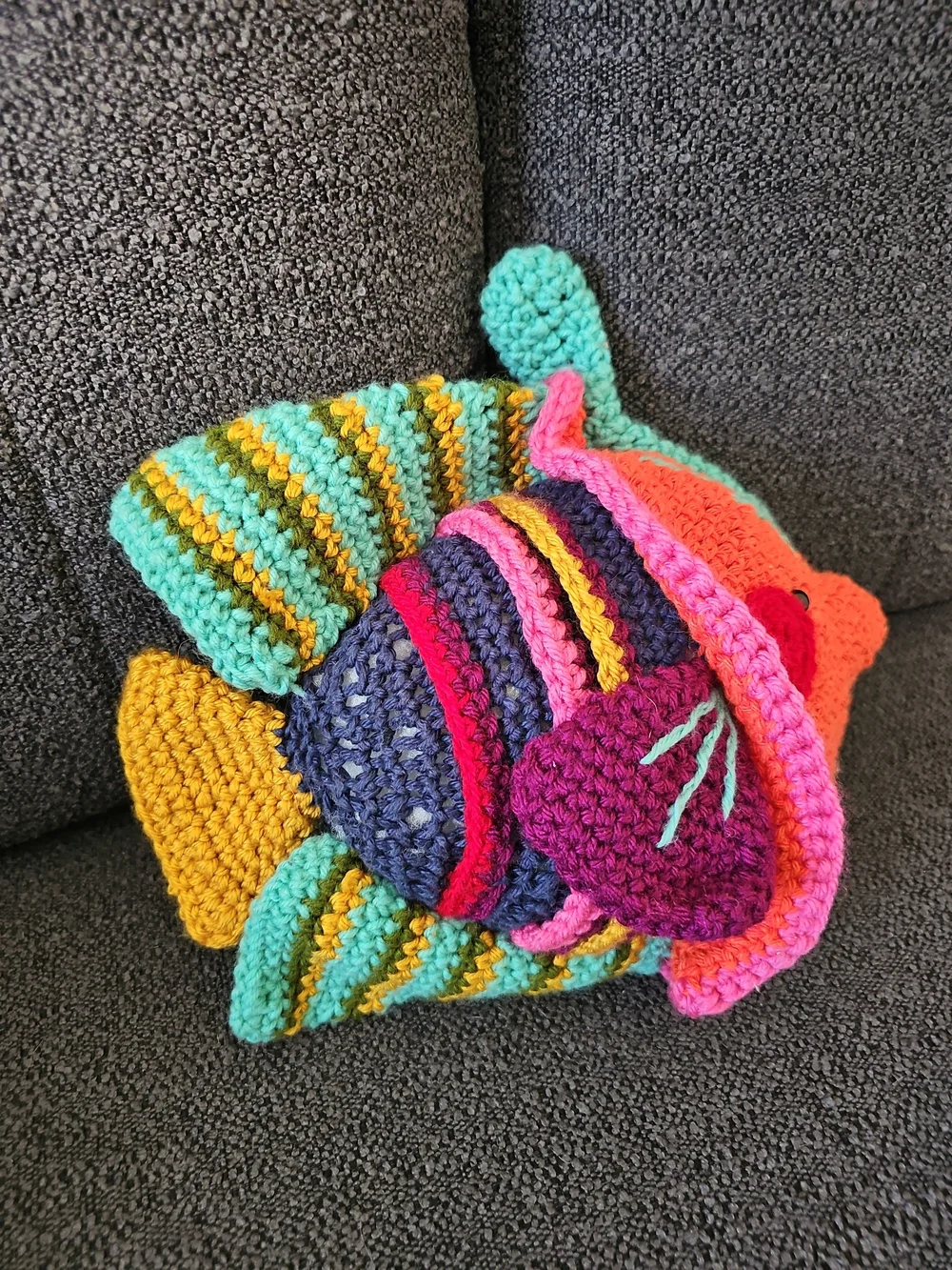 Handmade Colorful Crochet Fish Accent Pillow - Multicolor